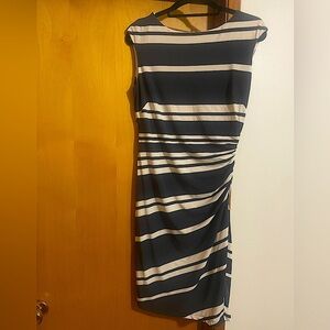 Ralph Lauren (Size 12) Gray and White Striped Jersey, Ruched Side Sheath Dress